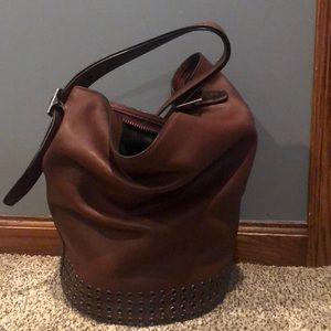 Dark brown leather coach bucket bag